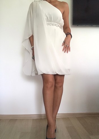 Beyaz Mini Tek Omuzlu Abiye - Görsel 9