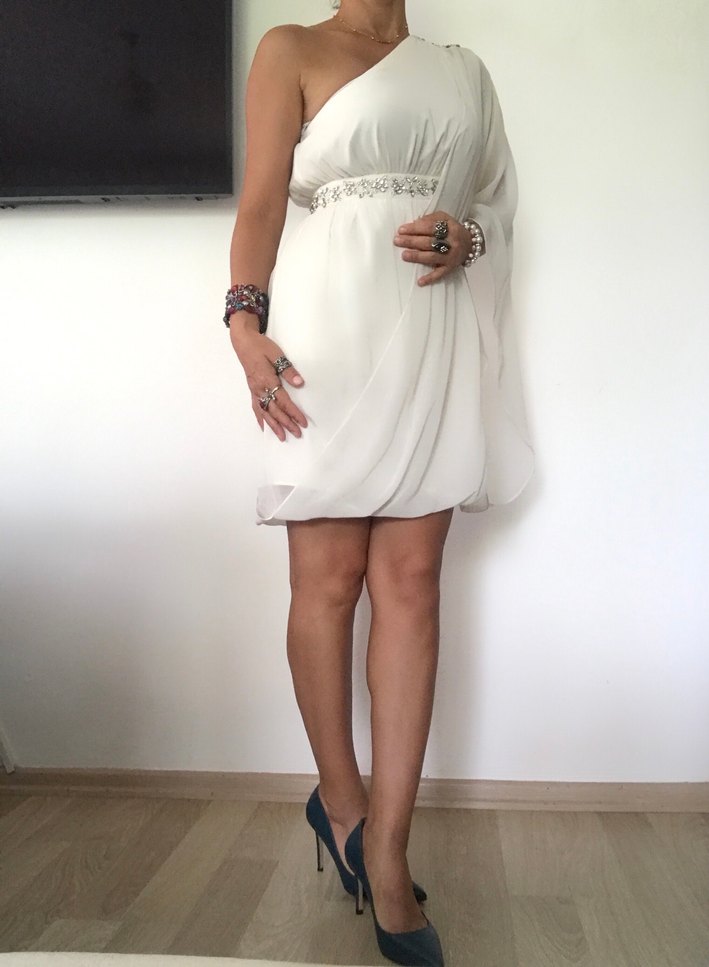 Beyaz Mini Tek Omuzlu Abiye - Görsel 5