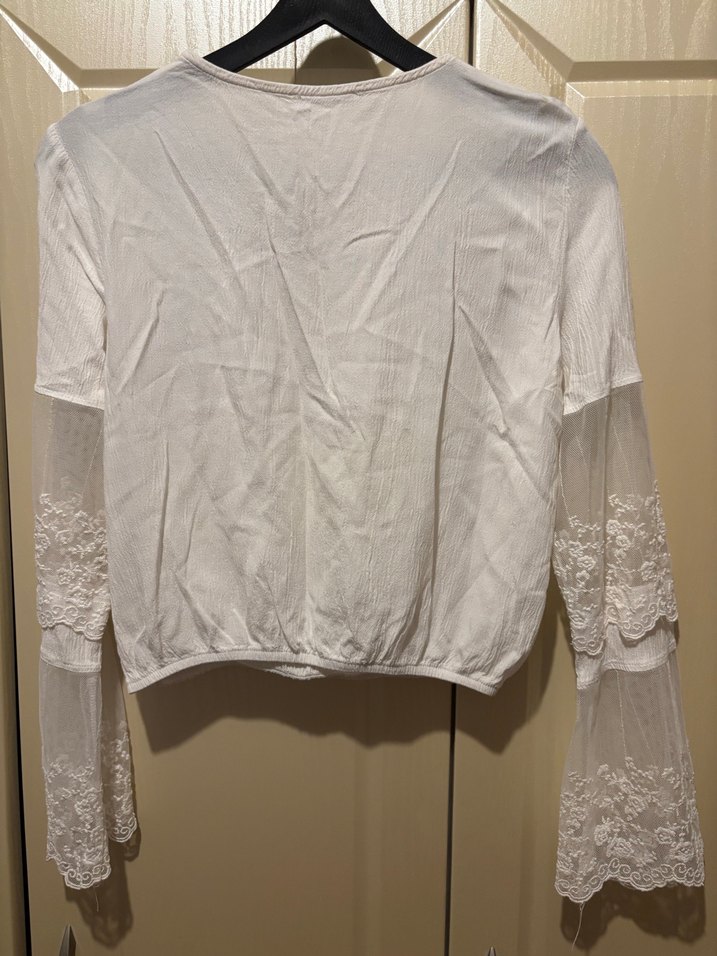 Dantel Detaylı V Yaka Bohem Beyaz Bluz - Görsel 2