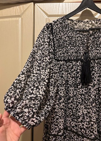 s Beden Püsküllü Siyah Batik Midi Elbise