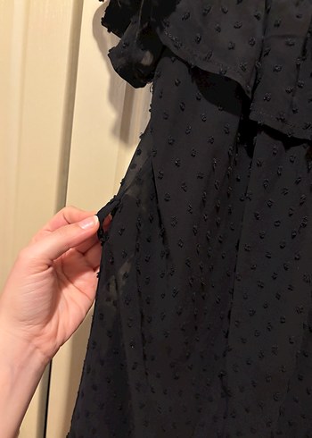 Siyah Fırfırlı Midi Straplez Elbise - Görsel 3