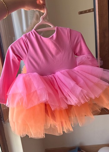 12-18 Ay Beden pembe Renk Kız Çocuk Uzun Kollu Fırfırlı Pembe Elbise