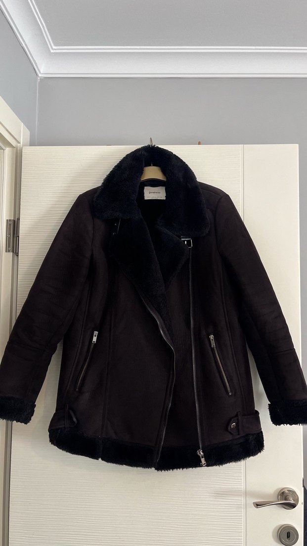 Kadın Siyah Kürklü Kış Ceketi - Stradivarius - Görsel 3