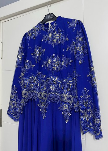 Nakışlı Koyu Mavi Uzun Abiye Elbise - Görsel 2