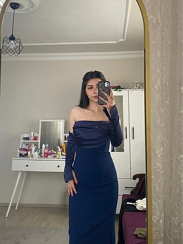 Alfabeta Lacivert kollu straplez abiye elbise