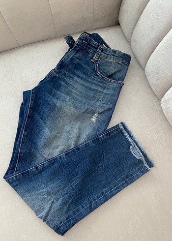m Beden KadınGri Mavi Bol Kesim Paçaları Püsküllü Midi Kot Pantolon