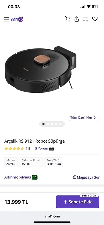 Arçelik Arçelik silme -süpürme robot süpürge