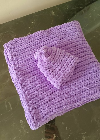 Pastel Mor Örgü Bebek Battaniyesi ve Şapka - Görsel 5