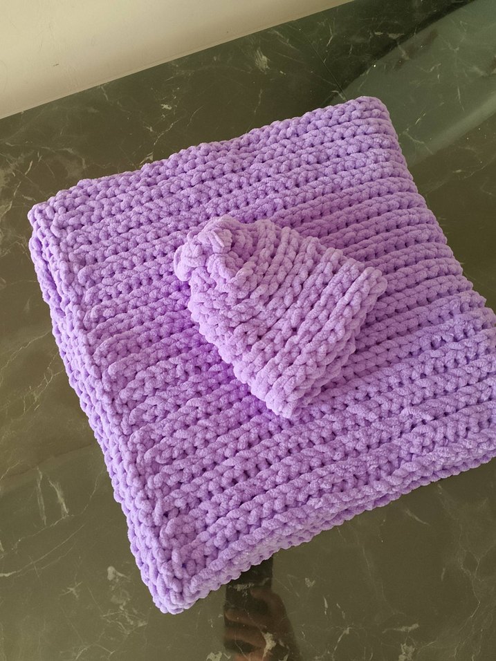 Pastel Mor Örgü Bebek Battaniyesi ve Şapka - Görsel 5