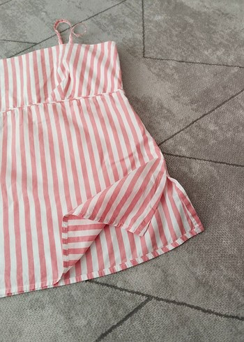 42 Beden pembe Renk Pembe Çizgili Pilili Askıli Kadın Bluz