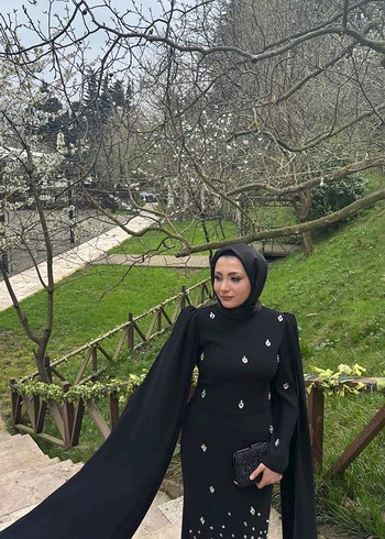 Diğer Uzun Siyah Drapeli Gotik Abiye Elbise( çanta dahil)