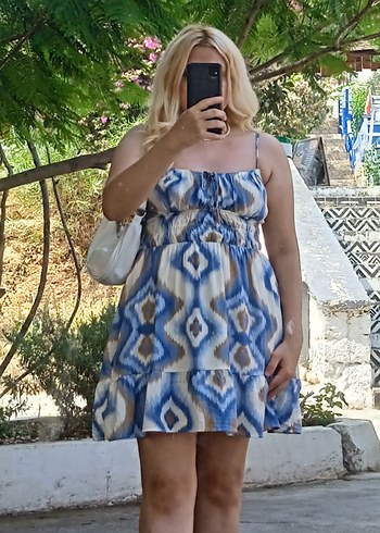 Mavi Bağcıklı Bohem Mini Elbise
