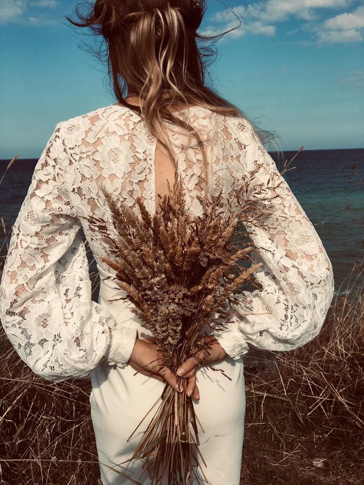 Dantel Detaylı Bohem V Yaka Midi Gelinlik - Görsel 2