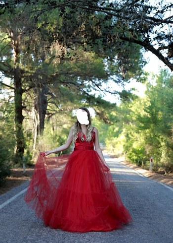 Kırmızı Uzun Straplez Abiye Elbise - Görsel 2