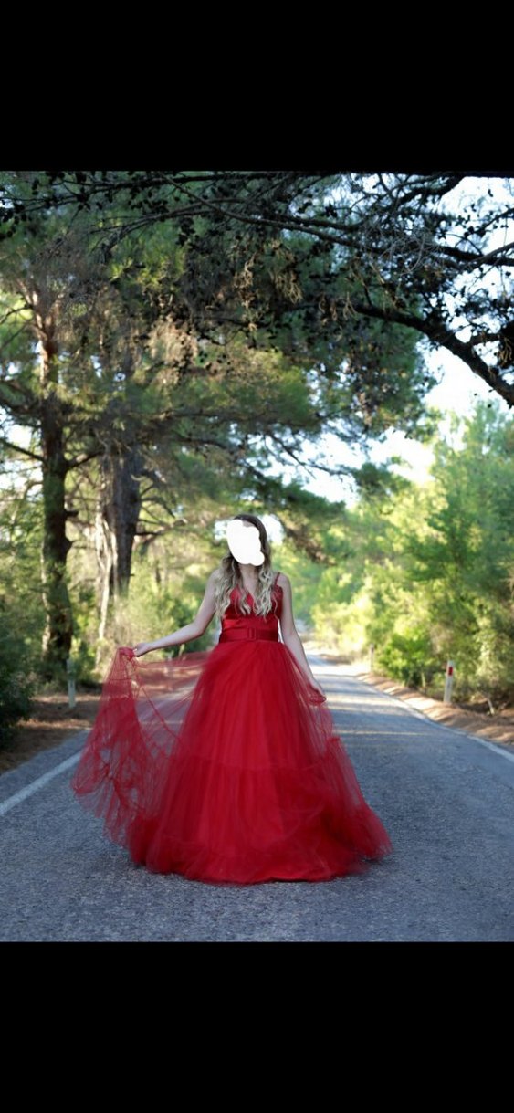 Kırmızı Uzun Straplez Abiye Elbise - Görsel 2