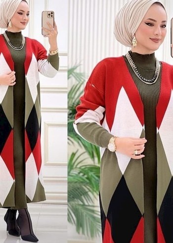 Renkli Etnik Desenli Uzun Triko Hırka elbise - Görsel 2