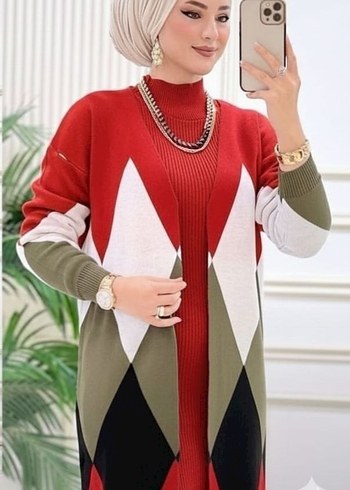 Renkli Etnik Desenli Uzun Triko Hırka elbise - Görsel 3