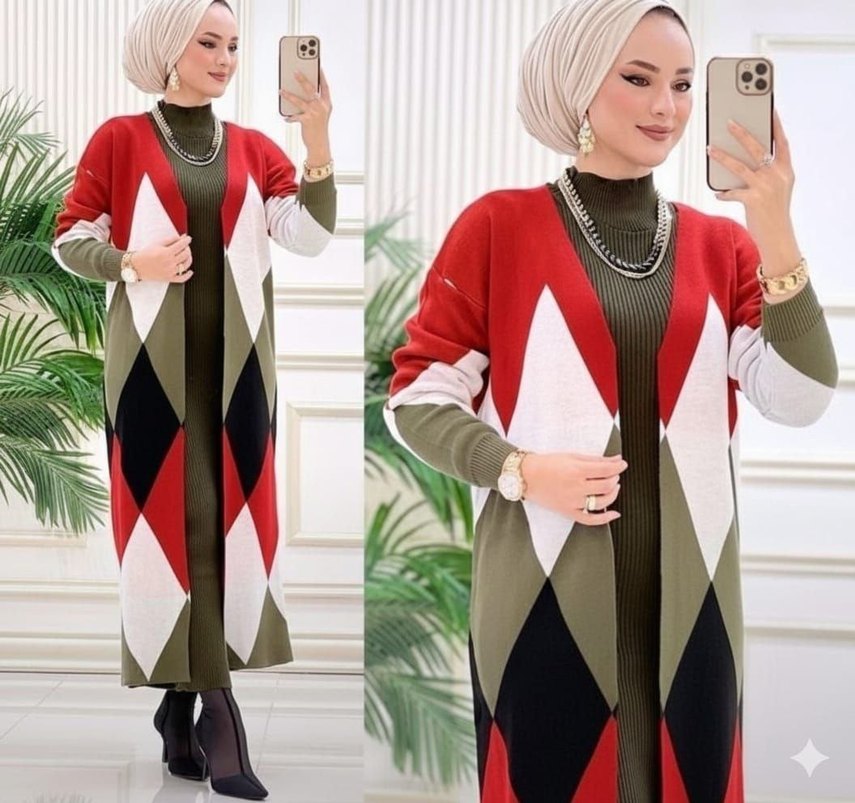 Renkli Etnik Desenli Uzun Triko Hırka elbise - Görsel 2