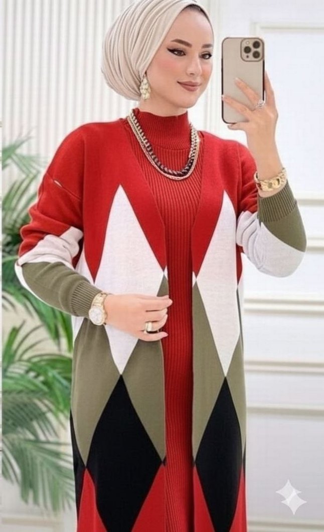 Renkli Etnik Desenli Uzun Triko Hırka elbise - Görsel 3