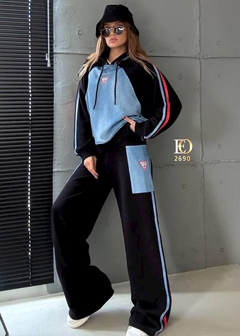 Kadın Mavi Denim Spor Takım Sweatshirt Eşofman - Görsel 2
