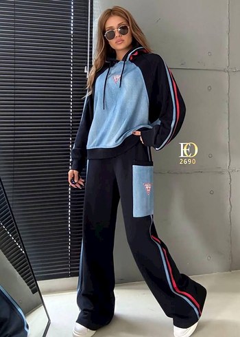 Kadın Mavi Denim Spor Takım Sweatshirt Eşofman - Görsel 4