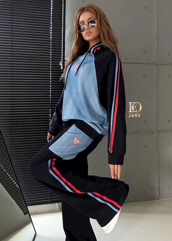 Kadın Mavi Denim Spor Takım Sweatshirt Eşofman - Görsel 5