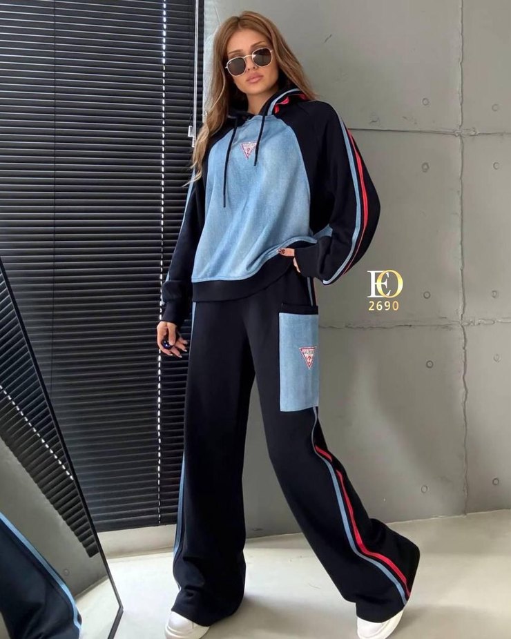 Kadın Mavi Denim Spor Takım Sweatshirt Eşofman - Görsel 4