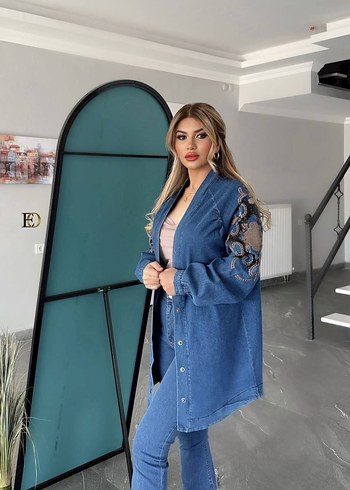 Nakışlı Uzun Mavi Kadın Kot takım - Görsel 5