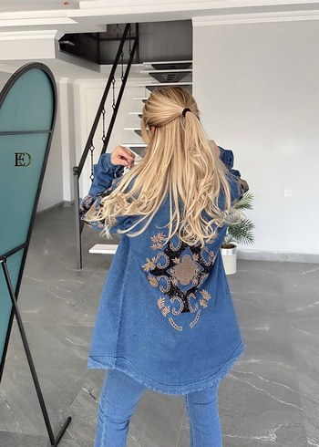 Nakışlı Uzun Mavi Kadın Kot takım - Görsel 4