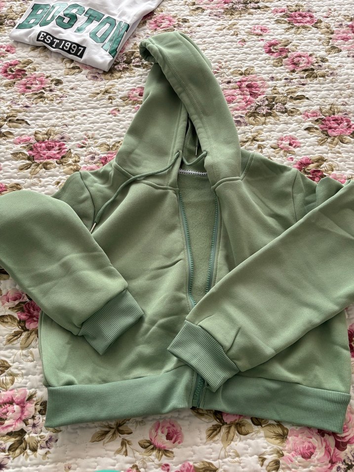 Kadın Haki Fermuarlı Kapüşonlu Sweatshirt - Görsel 3