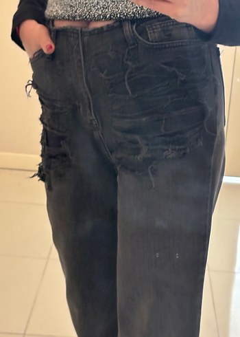 Kadın Siyah Geniş Paça Kot - Görsel 5