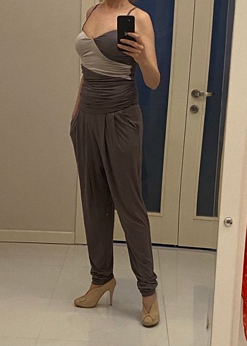 Kadın bej Askılı Midi Tulum - Görsel 3