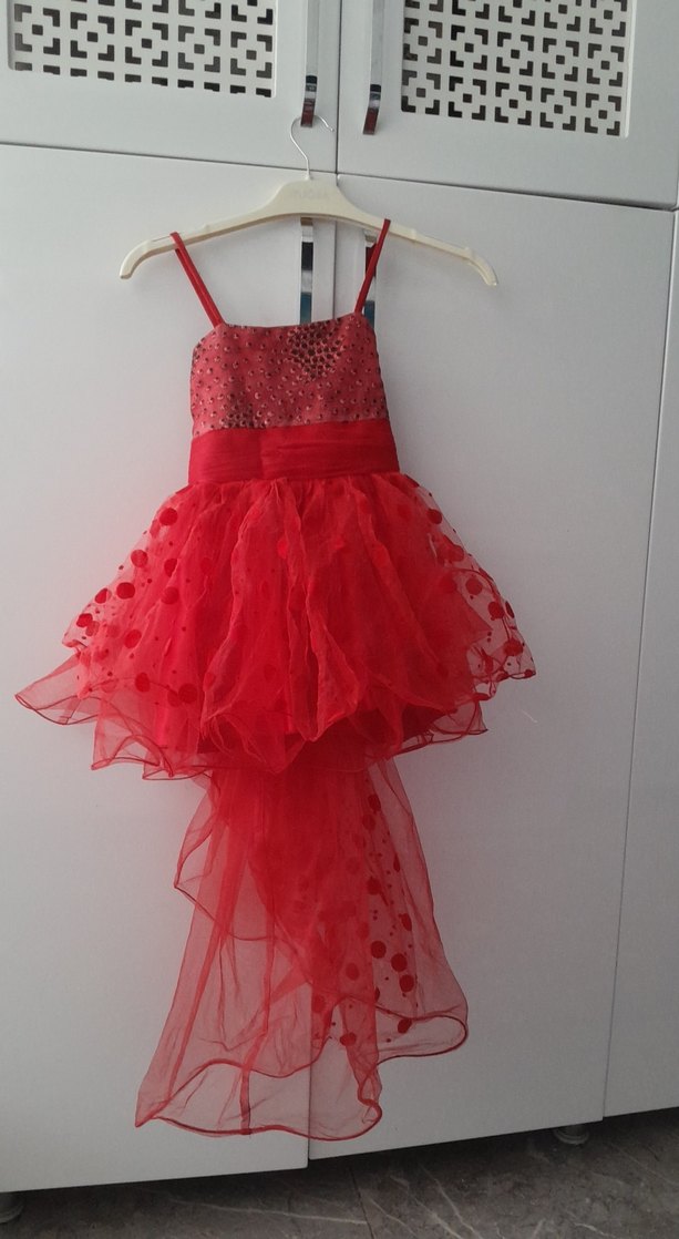 Kız Çocuk Kırmızı Fırfırlı Strappy Elbise - Görsel 3