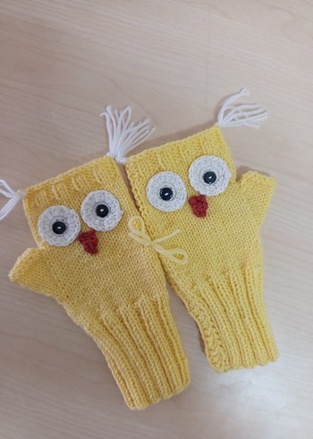 Sarı Örgü Baykuş Desenli Kadın Eldiveni - Görsel 2