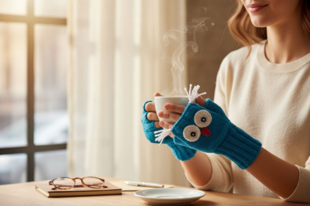 Baykuş Desenli Turkuaz Örgü Kadın Eldiven - Görsel 2