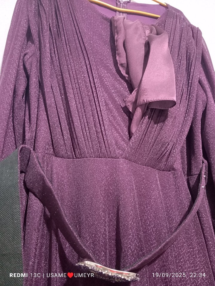 Mor Uzun Drapeli Kadın Elbise - Görsel 2