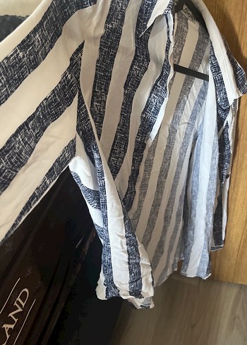 Düğmeli Çizgili Keten Kadın Gömlek - Görsel 2