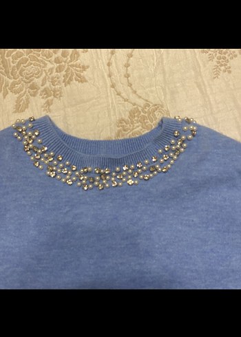 Mavi, kısa kollu, örgü  kazak - Görsel 2