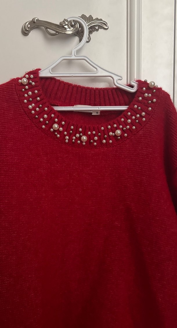 Kırmızı, Uzun Kollu, Triko Kadın Kazak - Görsel 2