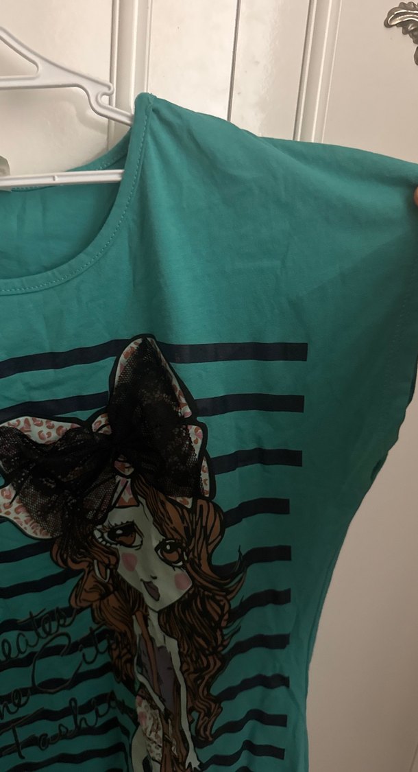 Kız Çocuk Turkuaz Baskılı Tişört - Görsel 2