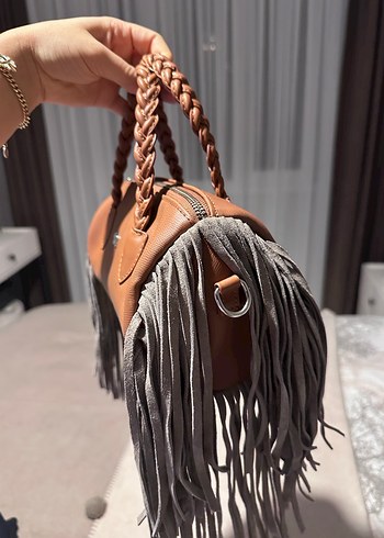 Matmazel Püsküllü Kahverengi Deri Bohem Çanta - Görsel 2