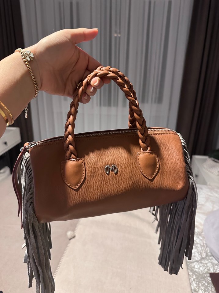 Matmazel Püsküllü Kahverengi Deri Bohem Çanta - Görsel 5