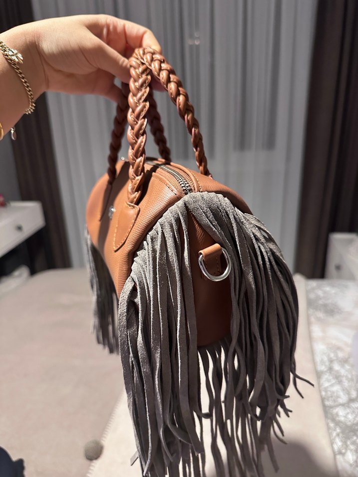 Matmazel Püsküllü Kahverengi Deri Bohem Çanta - Görsel 2