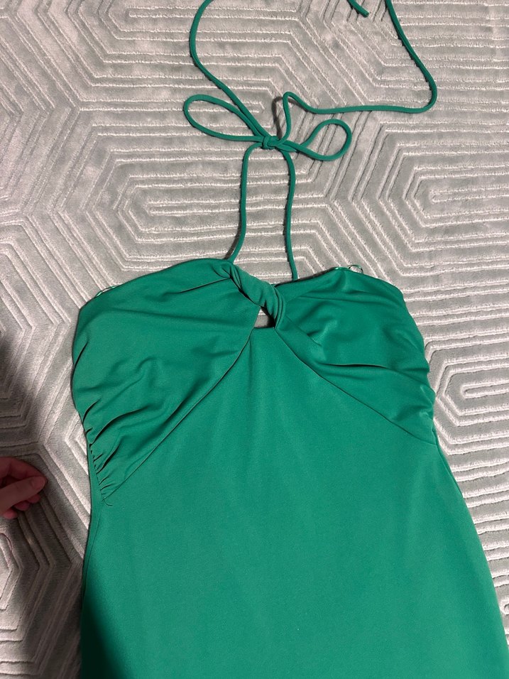 Zara Yeşil Drapeli Straplez Uzun Elbise - Görsel 4