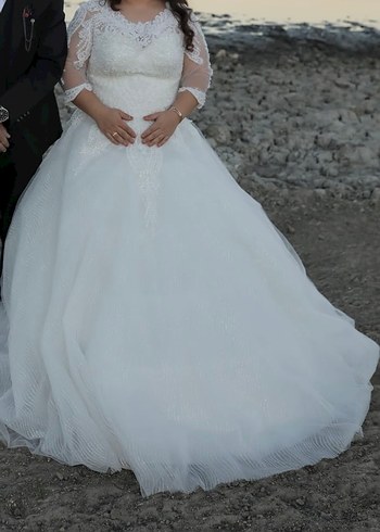 V Yaka Uzun Kollu Beyaz Gelinlik - Görsel 3