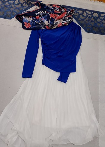 Kadın Mavi Uzun Kollu Drapeli Kimono 3 lù kombin - Görsel 2