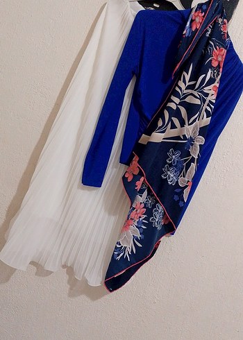 Kadın Mavi Uzun Kollu Drapeli Kimono 3 lù kombin - Görsel 7