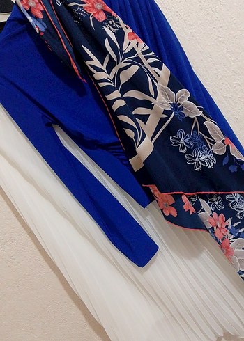 Kadın Mavi Uzun Kollu Drapeli Kimono 3 lù kombin - Görsel 8