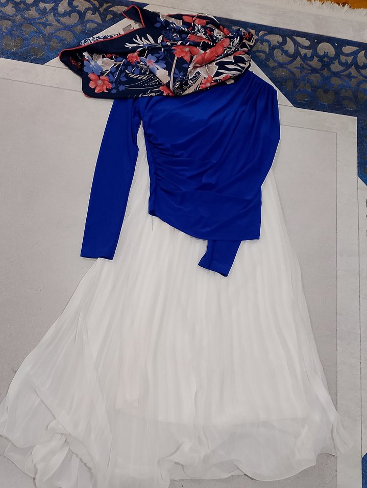 Kadın Mavi Uzun Kollu Drapeli Kimono 3 lù kombin - Görsel 2