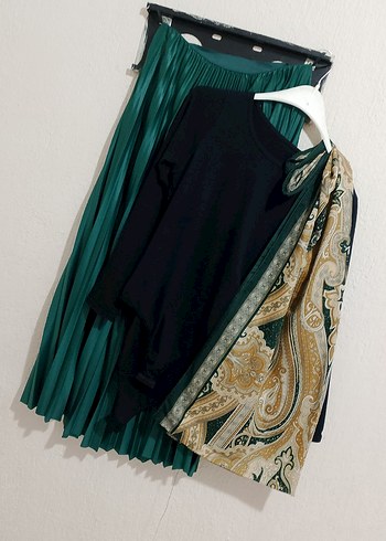 Yeşil Pilili Kadın Şal etek badi 3 lù kombin - Görsel 6